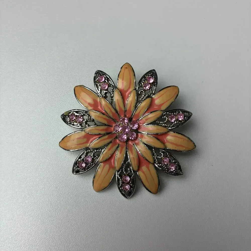 Vintage Flower Brooch Hair Clip Enameled Rhinestone Pink Orange Sparkle Feminine